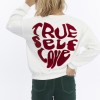 Kadife True Self Love Desenli Ekru Yumuşak Dokulu Regular Fit Bisiklet Yaka Kadın Sweatshirt