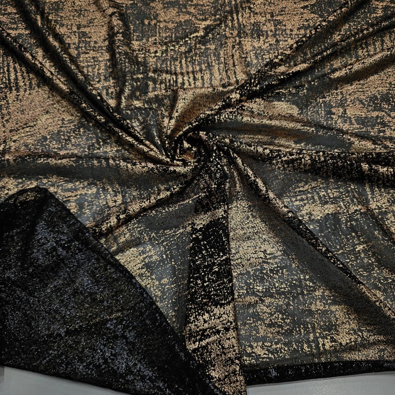 Bronz Varak Simli Batik Desen Siyah Tül Kumaş |  R2-5