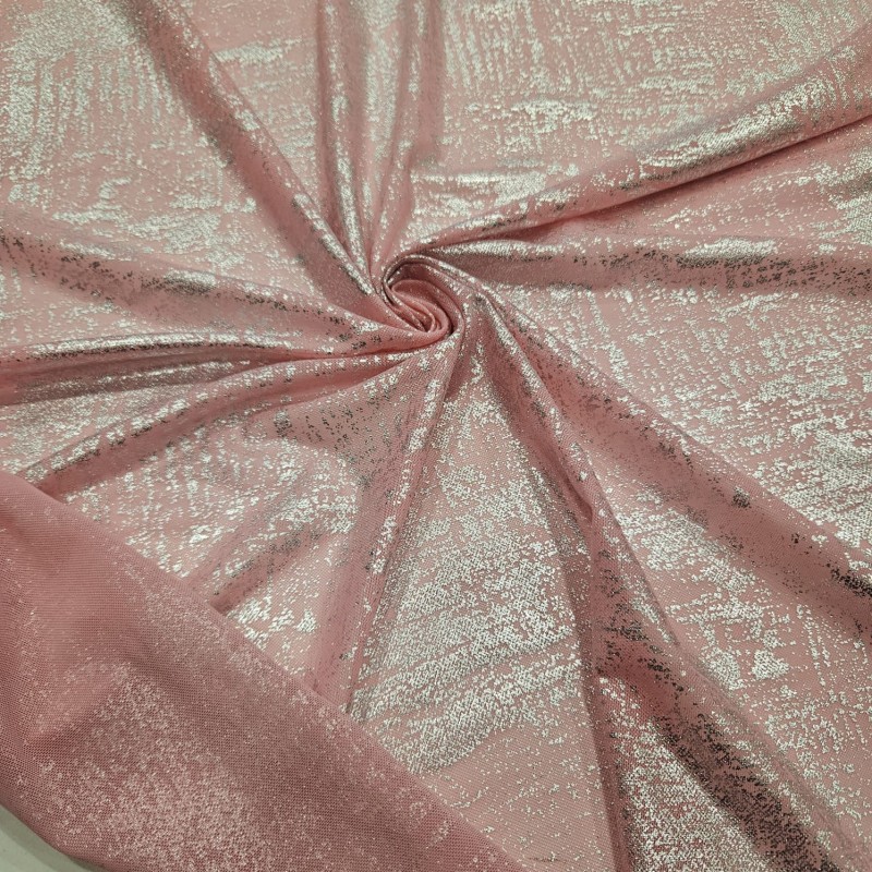 Gümüş Batik Desen Kaplama Şeker Pembe Tül Kumaş | C3-5