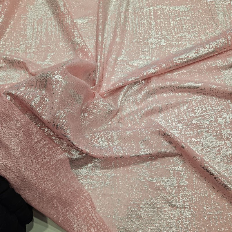 Gümüş Batik Desen Kaplama Şeker Pembe Tül Kumaş | C3-5