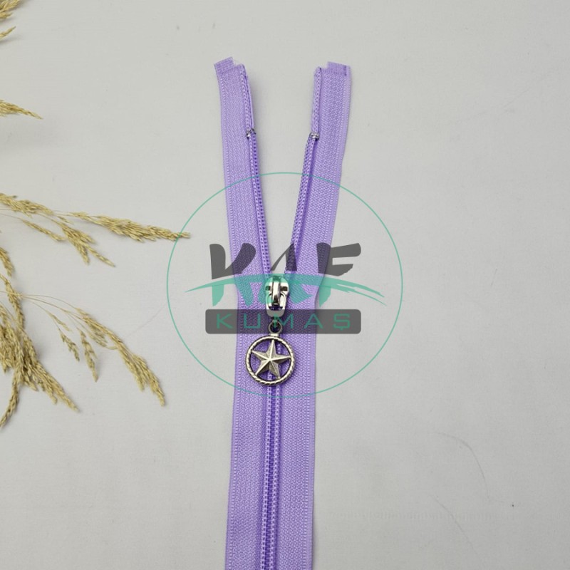Lila Renk Yıldız Elcikli Açık Uçlu Fermuar | Naylon Dişli Fermuar Uzunluk 65 cm