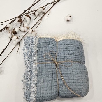 Çift Taraflı 7 Katlı Müslin Bebek Battaniye 110x110 cm | Renk: Açık Denim - Ekru