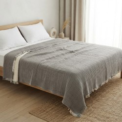 7 Katlı Gri Çift Taraflı Dolgulu Çift Kişilik Müslin Battaniye | 230 x 240 cm