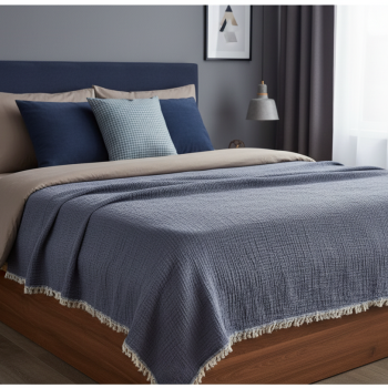 4 Katlı Denim Mavi Çift Taraflı Çift Kişilik Müslin Battaniye | 230 x 240 cm