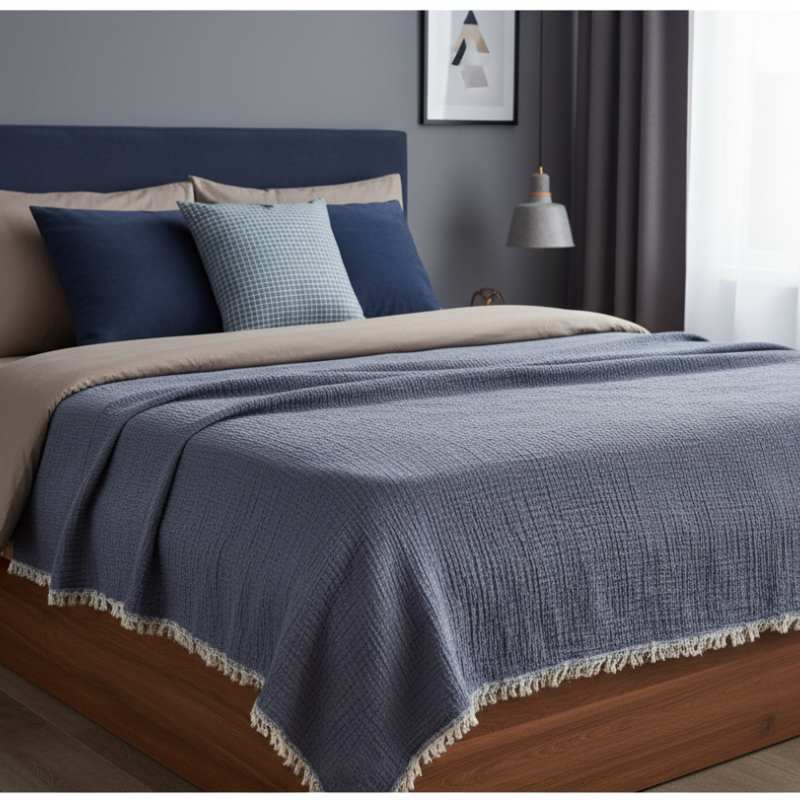 4 Katlı Denim Mavi Çift Taraflı Çift Kişilik Müslin Battaniye | 230 x 240 cm