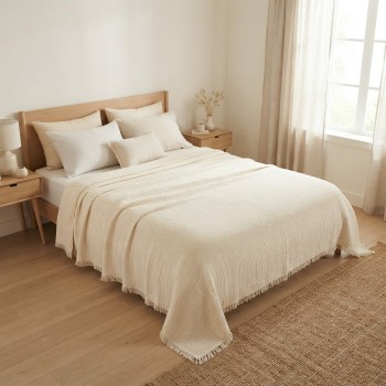 7 Katlı Ekru Çift Taraflı Dolgulu Çift Kişilik Müslin Battaniye | 230 x 240 cm