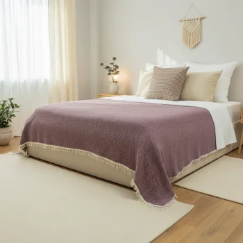 4 Katlı Mor Çift Taraflı Çift Kişilik Müslin Battaniye | 230 x 240 cm