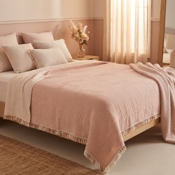 7 Katlı Somon Pembe Çift Taraflı Dolgulu Çift Kişilik Müslin Battaniye | 230 x 240 cm
