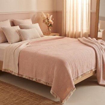 7 Katlı Somon Pembe Çift Taraflı Dolgulu Çift Kişilik Müslin Battaniye | 230 x 240 cm