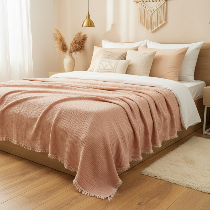 4 Katlı Somon Pembe Çift Taraflı Çift Kişilik Müslin Battaniye | 230 x 240 cm