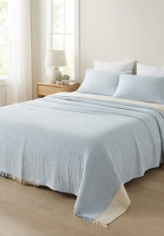 4 Katlı Bebe Mavi Çift Taraflı Çift Kişilik Müslin Battaniye | 250 x 240 cm