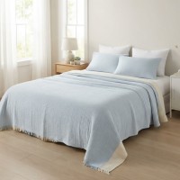 4 Katlı Bebe Mavi Çift Taraflı Çift Kişilik Müslin Battaniye | 250 x 240 cm