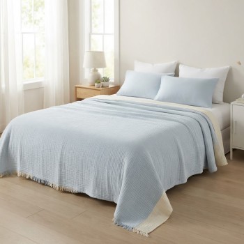 4 Katlı Bebe Mavi Çift Taraflı Çift Kişilik Müslin Battaniye | 250 x 240 cm