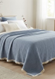 7 Katlı Denim Mavi Çift Taraflı Dolgulu Çift Kişilik Müslin Battaniye | 230 x 240 cm