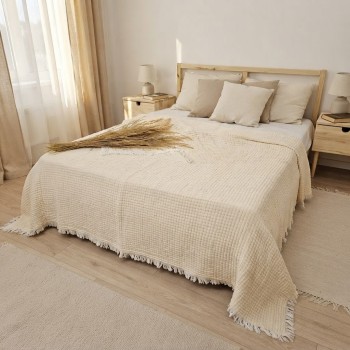 7 Katlı Krem Çift Taraflı Dolgulu Çift Kişilik Müslin Battaniye | 230 x 240 cm