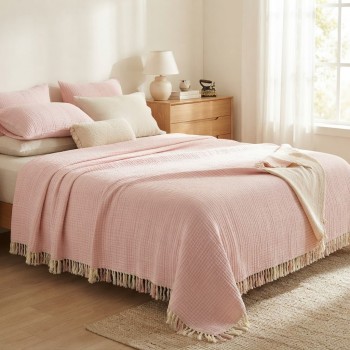 7 Katlı Soft Pembe Çift Taraflı Dolgulu Çift Kişilik Müslin Battaniye | 230 x 240 cm
