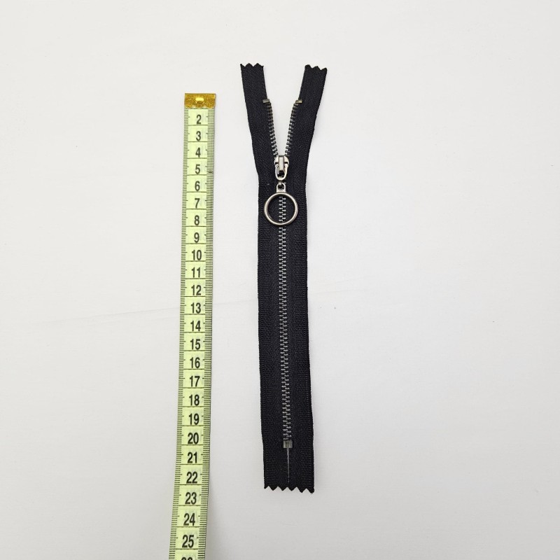 Siyah Metalik Dişli Yuvarlak Halka Fermuar | Mont-Çanta Fermuarı Uzunluk: 20 cm Siyah