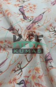 Baskılı %100 Pamuk Müslin Kumaş | Kiraz Çiçeği Ve Kuş