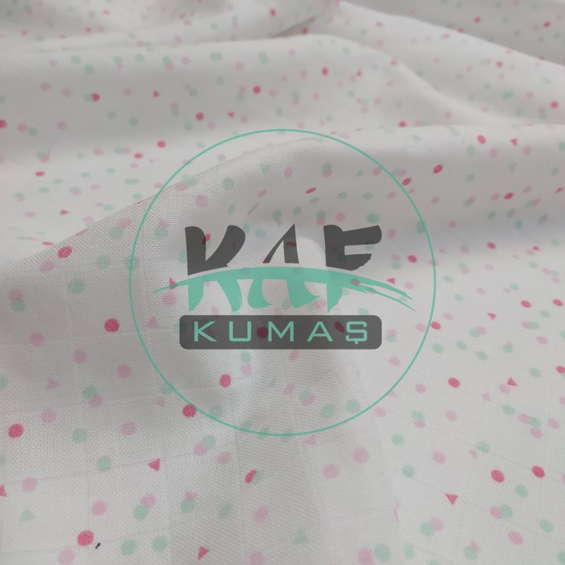 Baskılı Bambu Karışımlı Müslin Kumaş | Pembe Yeşil Şekiller