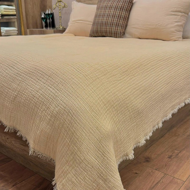 7 Katlı Krem Çift Taraflı Dolgulu Çift Kişilik Müslin Battaniye | 230 x 240 cm