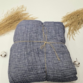 Battal Boy 4 Katlı Denim Mavi Çift Taraflı Çift Kişilik Müslin Battaniye | 260 x 280 cm