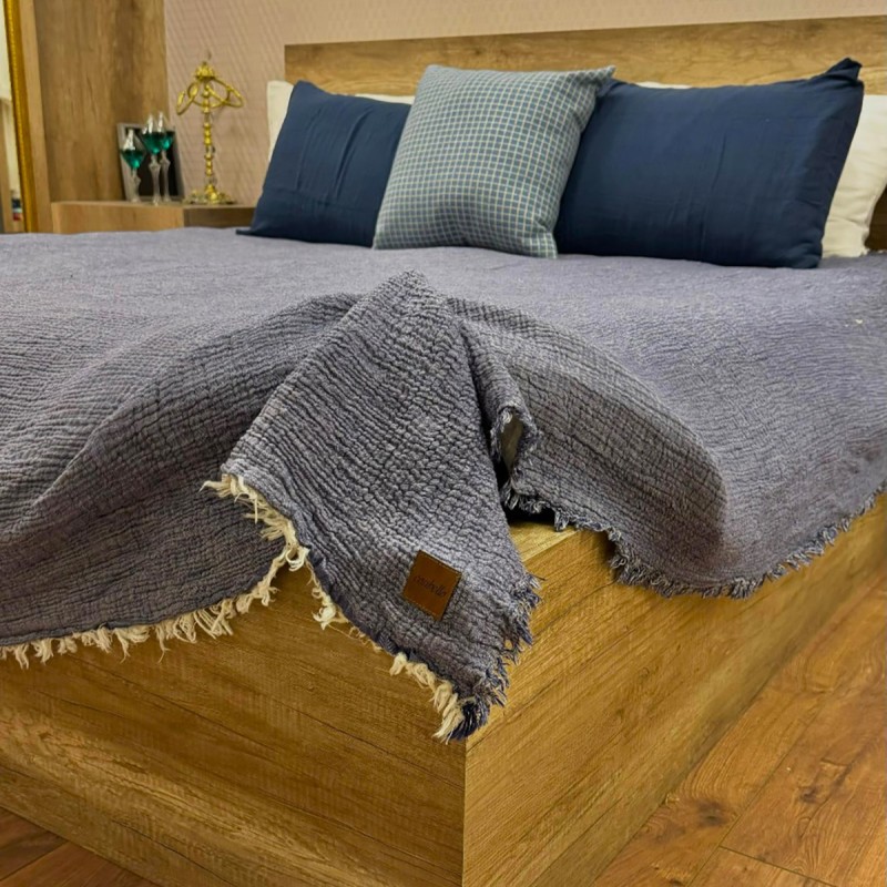 4 Katlı Denim Mavi Çift Taraflı Çift Kişilik Müslin Battaniye | 230 x 240 cm