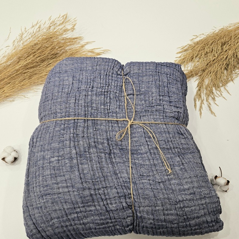 4 Katlı Denim Mavi Çift Taraflı Çift Kişilik Müslin Battaniye | 230 x 240 cm