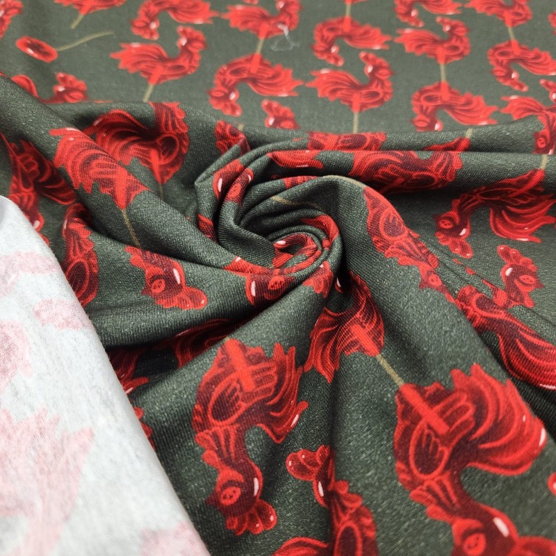 Baskılı Süprem Kumaş | %95 Pamuk %5 Elastan | 150 cm | 210 Gsm |  Kırmızı Horoz Desen