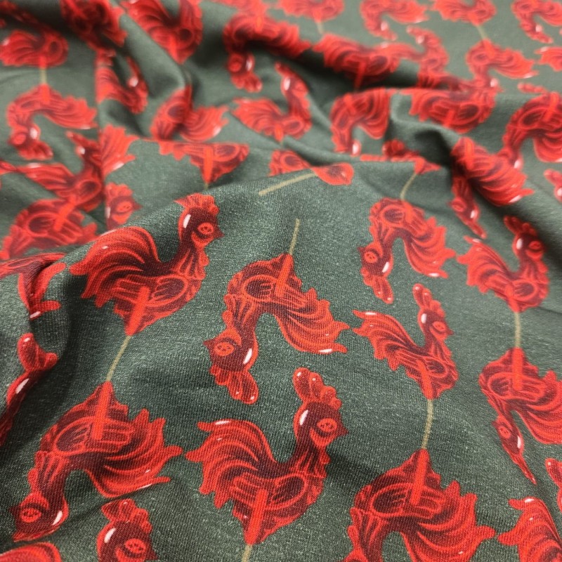 Baskılı Süprem Kumaş | %95 Pamuk %5 Elastan | 150 cm | 210 Gsm |  Kırmızı Horoz Desen