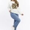 Kadife Ayıcıklar Desenli Şardonlu (Içi Polarlı) Ekru Regular Fit Bisiklet Yaka Kadın Sweatshirt