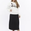 Kadife Kuş Desenli Şardonlu (Içi Polarlı) Ekru Regular Fit Bisiklet Yaka Kadın Sweatshirt