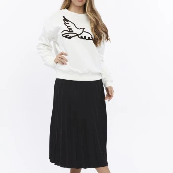 Kadife Kuş Desenli Şardonlu (Içi Polarlı) Ekru Regular Fit Bisiklet Yaka Kadın Sweatshirt