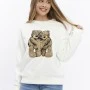 Kadife Ayıcıklar Desenli Şardonlu (Içi Polarlı) Ekru Regular Fit Bisiklet Yaka Kadın Sweatshirt
