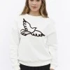 Kadife Kuş Desenli Şardonlu (Içi Polarlı) Ekru Regular Fit Bisiklet Yaka Kadın Sweatshirt