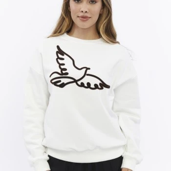Kadife Kuş Desenli Şardonlu (Içi Polarlı) Ekru Regular Fit Bisiklet Yaka Kadın Sweatshirt
