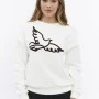 Kadife Kuş Desenli Şardonlu (Içi Polarlı) Ekru Regular Fit Bisiklet Yaka Kadın Sweatshirt
