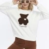 Kadife Be Yourself Desenli Ekru Yumuşak Dokulu Regular Fit Bisiklet Yaka Kadın Sweatshirt