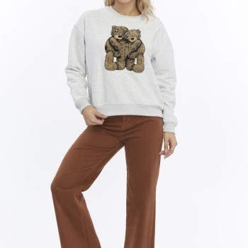 Kadife Ayıcıklar Desenli Gri Melanj Yumuşak Dokulu Regular Fit Bisiklet Yaka Kadın Sweatshirt