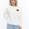 Kadife Kalp Desenli Ekru Yumuşak Dokulu Regular Fit Bisiklet Yaka Kadın Sweatshirt