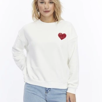 Kadife Kalp Desenli Ekru Yumuşak Dokulu Regular Fit Bisiklet Yaka Kadın Sweatshirt
