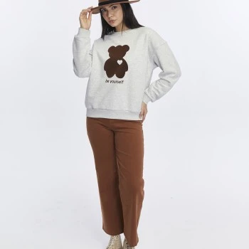 Kadife Be Yourself Desenli Gri Melanj Yumuşak Dokulu Regular Fit Bisiklet Yaka Kadın Sweatshirt