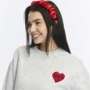 Kadife Kalp Desenli Gri Melanj Yumuşak Dokulu Regular Fit Bisiklet Yaka Kadın Sweatshirt