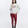 Kadife Love Yourself Desenli Gri Melanj Yumuşak Dokulu Regular Fit Bisiklet Yaka Kadın Sweatshirt