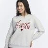 Kadife Love Yourself Desenli Gri Melanj Yumuşak Dokulu Regular Fit Bisiklet Yaka Kadın Sweatshirt