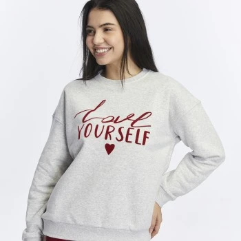 Kadife Love Yourself Desenli Gri Melanj Yumuşak Dokulu Regular Fit Bisiklet Yaka Kadın Sweatshirt