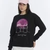 Kadife Gün Batımı Desenli Siyah Yumuşak Dokulu Regular Fit Bisiklet Yaka Kadın Sweatshirt