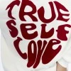 Kadife True Self Love Desenli Ekru Yumuşak Dokulu Regular Fit Bisiklet Yaka Kadın Sweatshirt