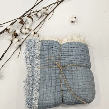 Çift Taraflı 7 Katlı Müslin Bebek Battaniye 110x110 cm | Renk: Açık Denim - Ekru