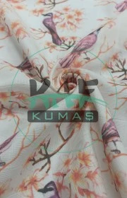 Baskılı %100 Pamuk Müslin Kumaş | Kiraz Çiçeği Ve Kuş