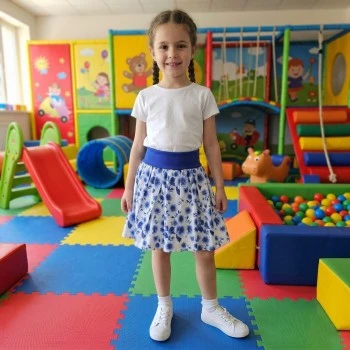 Kız Çocuk Desenli Pamuk Etek | Koyu Mavi Ribana Lastikli Mavi Çiçekler
